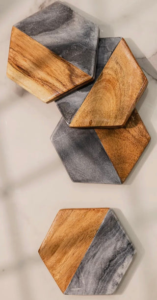 Artisan Marble and Wood Hexagon Coasters