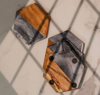 Artisan Marble and Wood Hexagon Coasters