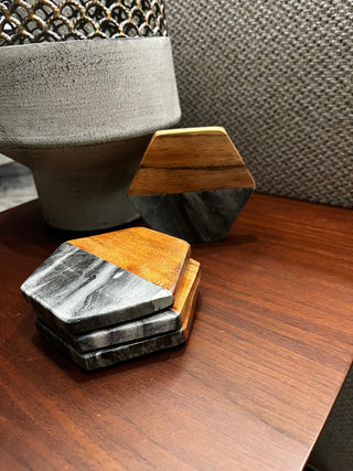 Artisan Marble and Wood Hexagon Coasters